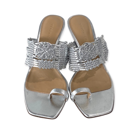 VERONICA BEARD Woven Crochet Leather Heeled Sandals, Silver, Size 6 - Picture 4 of 7
